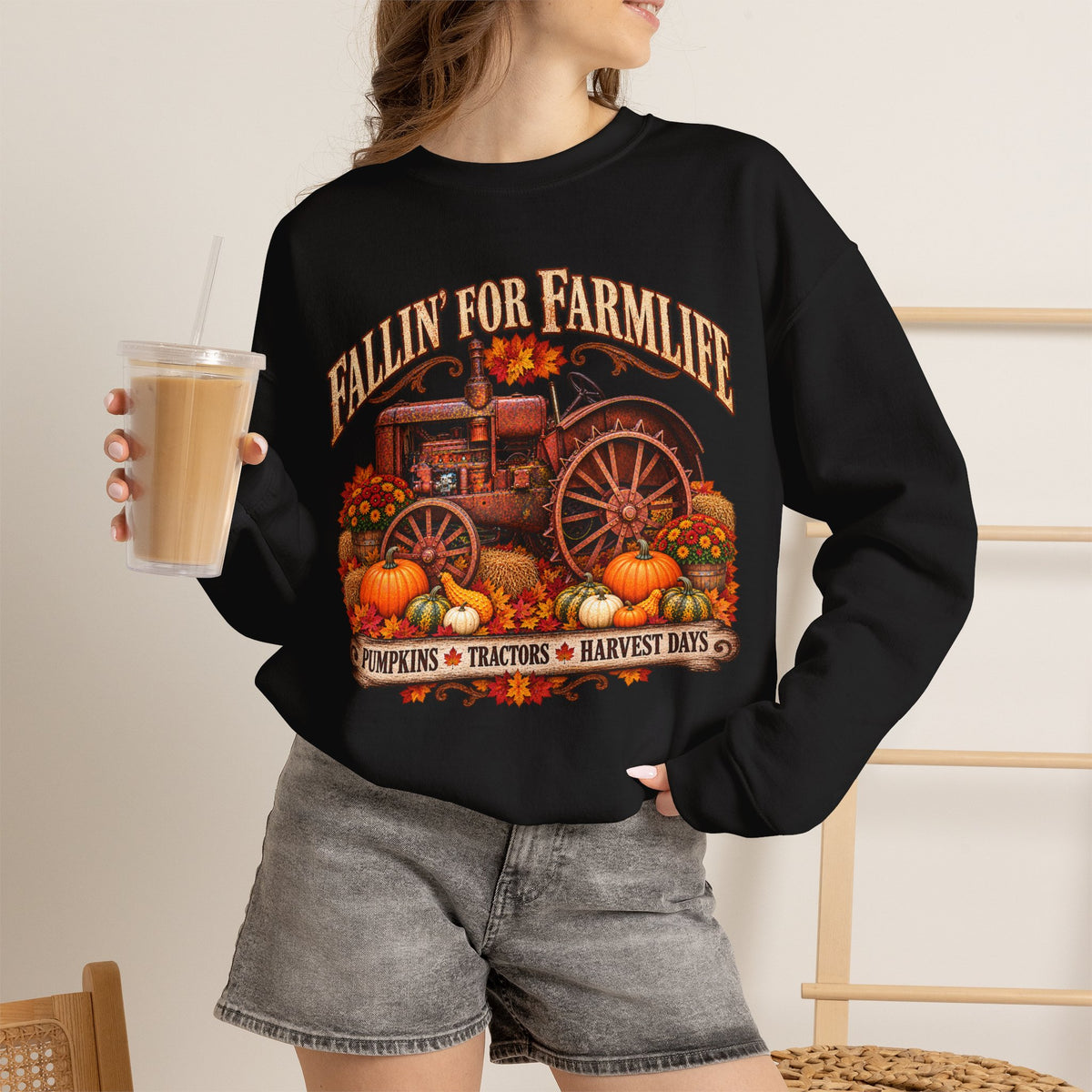 Fallin' for Farm Life Crewneck | Vintage Tractor, Pumpkins, Harvest