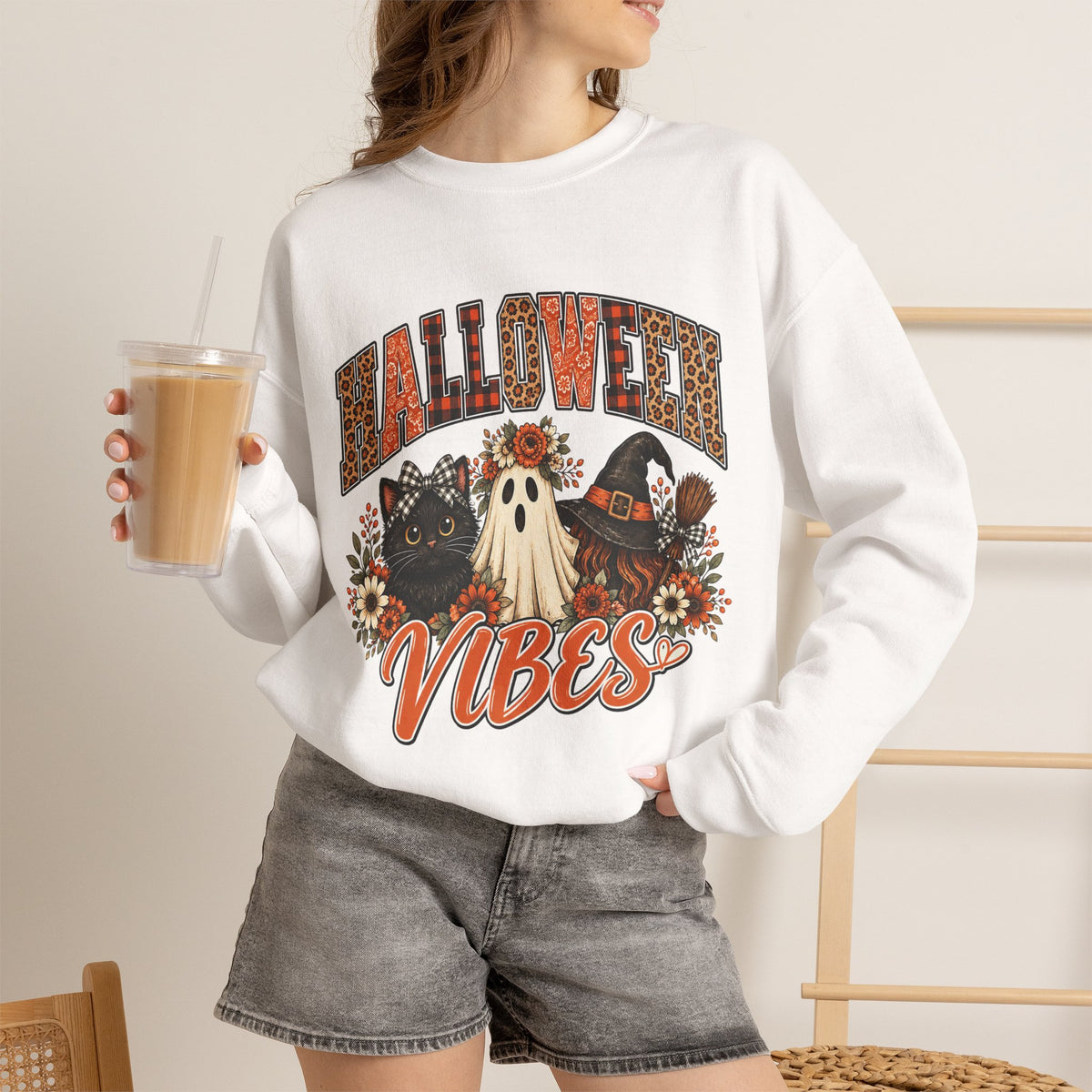Halloween Vibes Sweatshirt — Cute Ghost & Black Cat Fall Crewneck