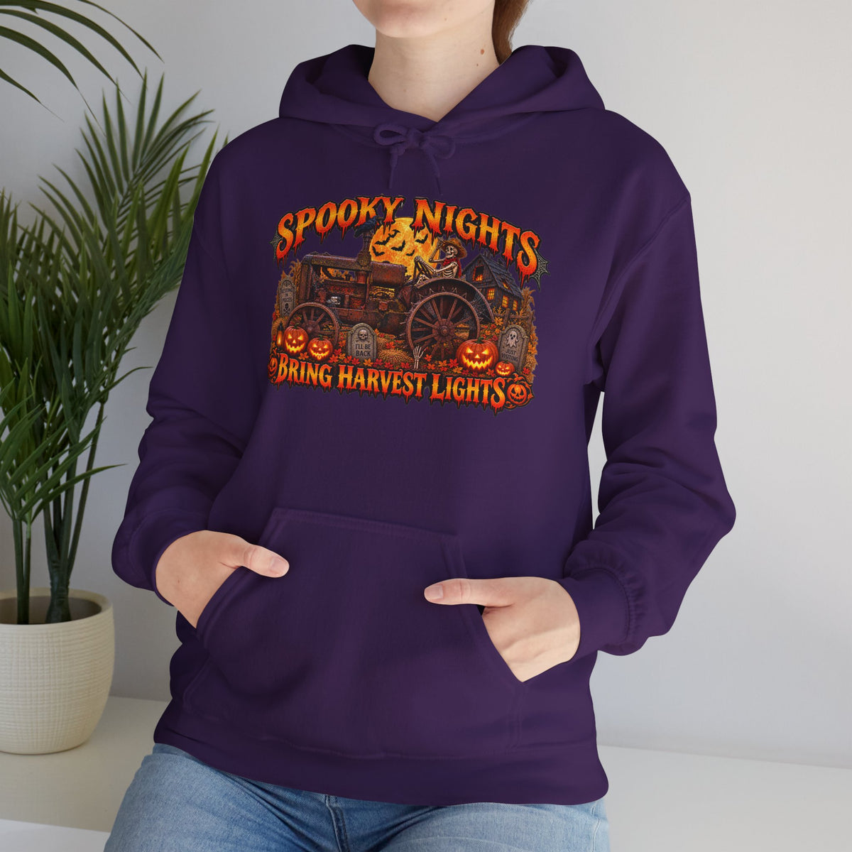 Spooky Nights Bring Harvest Lights Hoodie | Halloween Pumpkin Wagon Sweatshirt