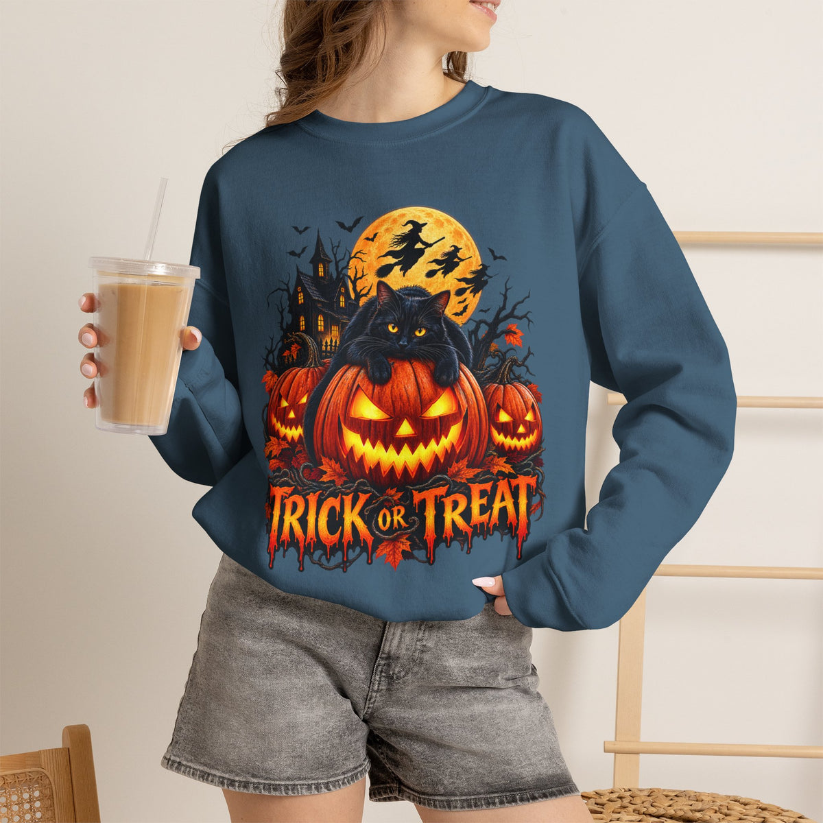 Trick or Treat Pumpkin Cat Sweatshirt | Halloween Jack-O'-Lantern Crewneck