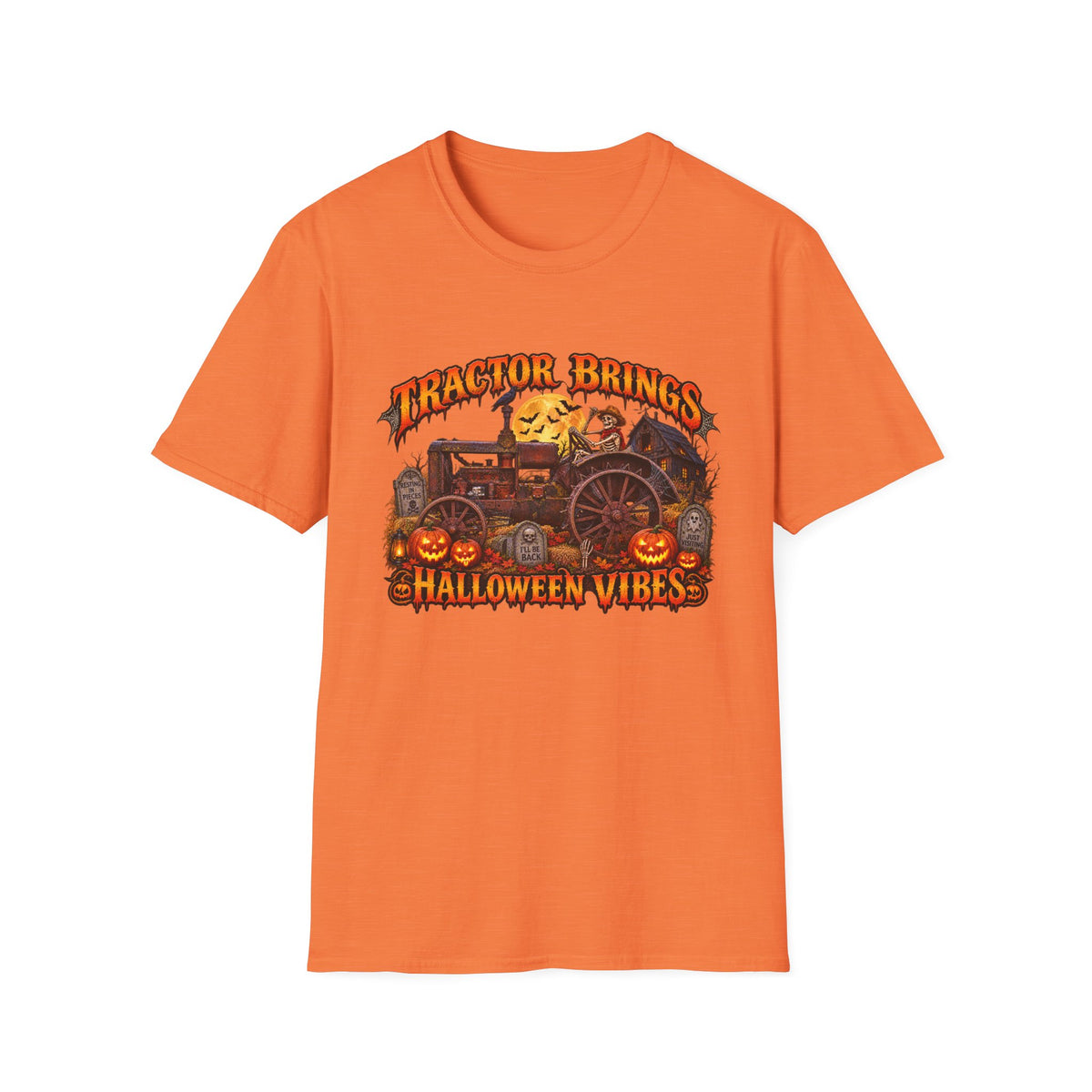 Tractor Brings Halloween Vibes T-Shirt | Pumpkin Farm Tractor Halloween Tee