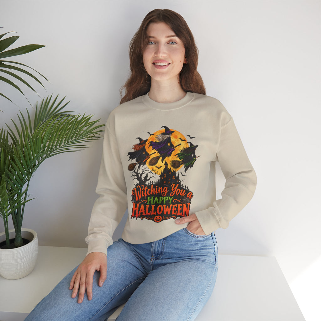 Witching You a Happy Halloween Crewneck Sweatshirt | Halloween Skull Moon Design