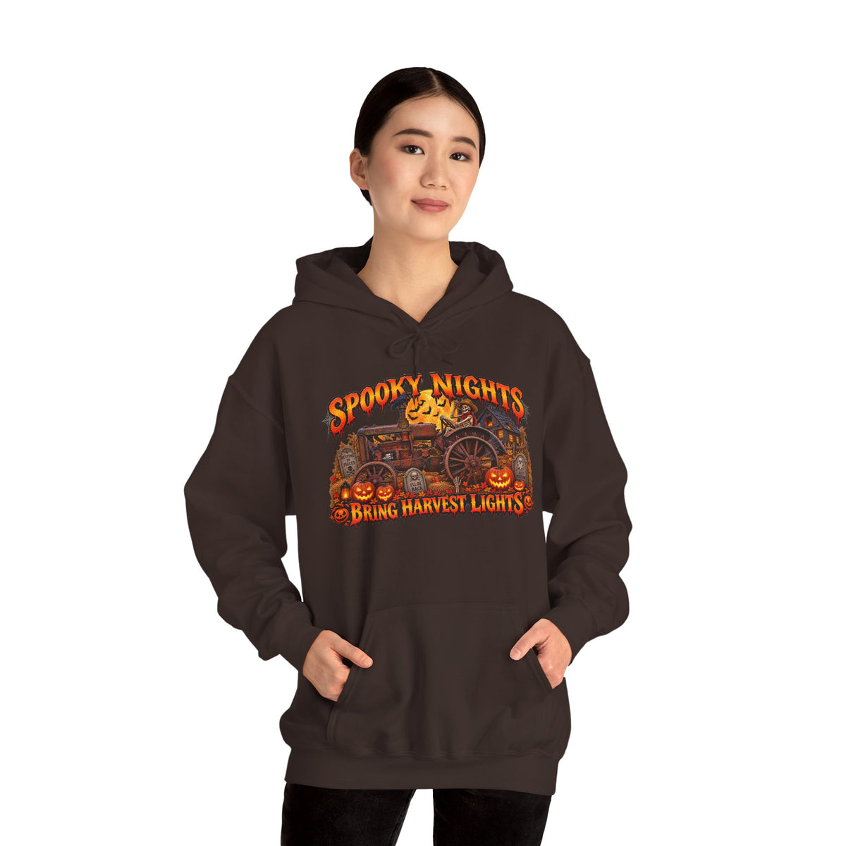 Spooky Nights Bring Harvest Lights Hoodie | Halloween Pumpkin Wagon Sweatshirt