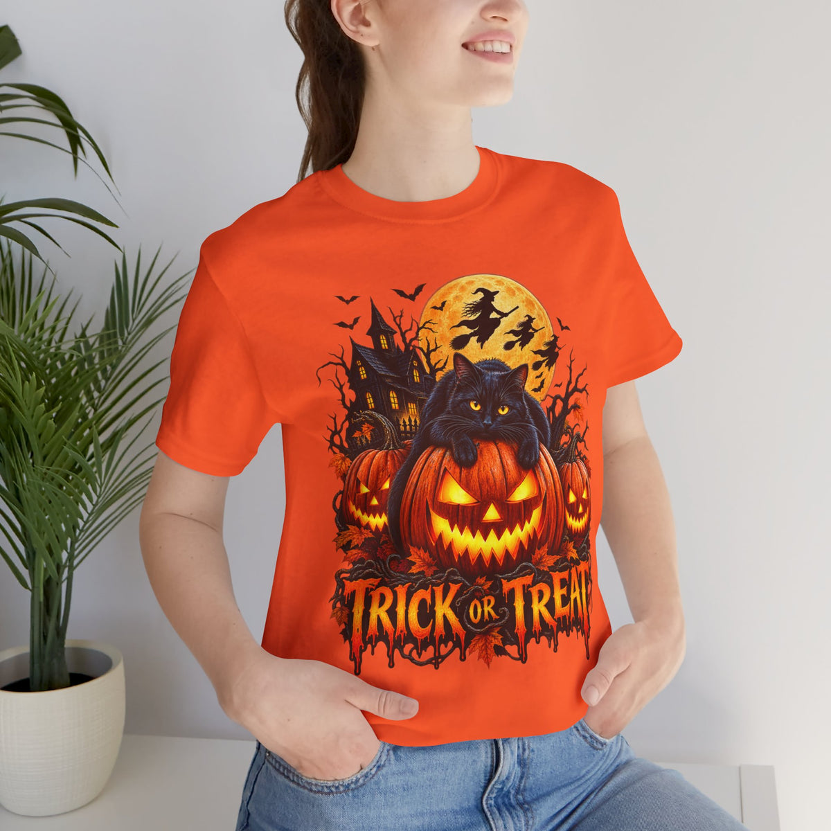 Trick or Treat Jack-O'-Lanterns Pumpkin Cat T-Shirt | Halloween Tee, Spooky Haunted Moon