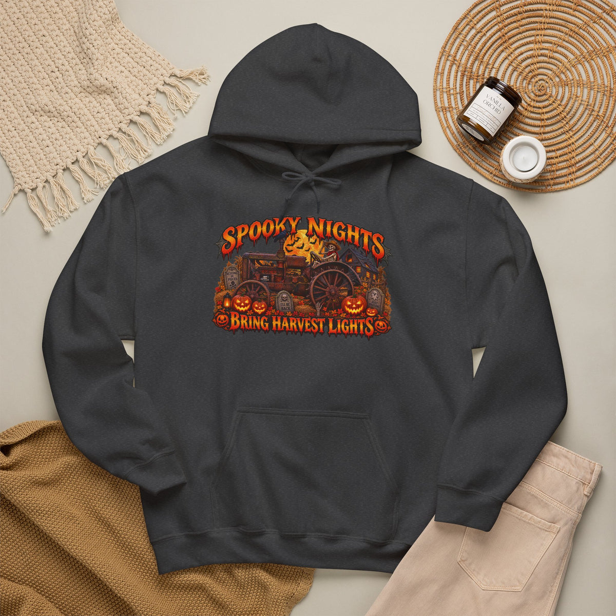 Spooky Nights Bring Harvest Lights Hoodie | Halloween Pumpkin Wagon Sweatshirt
