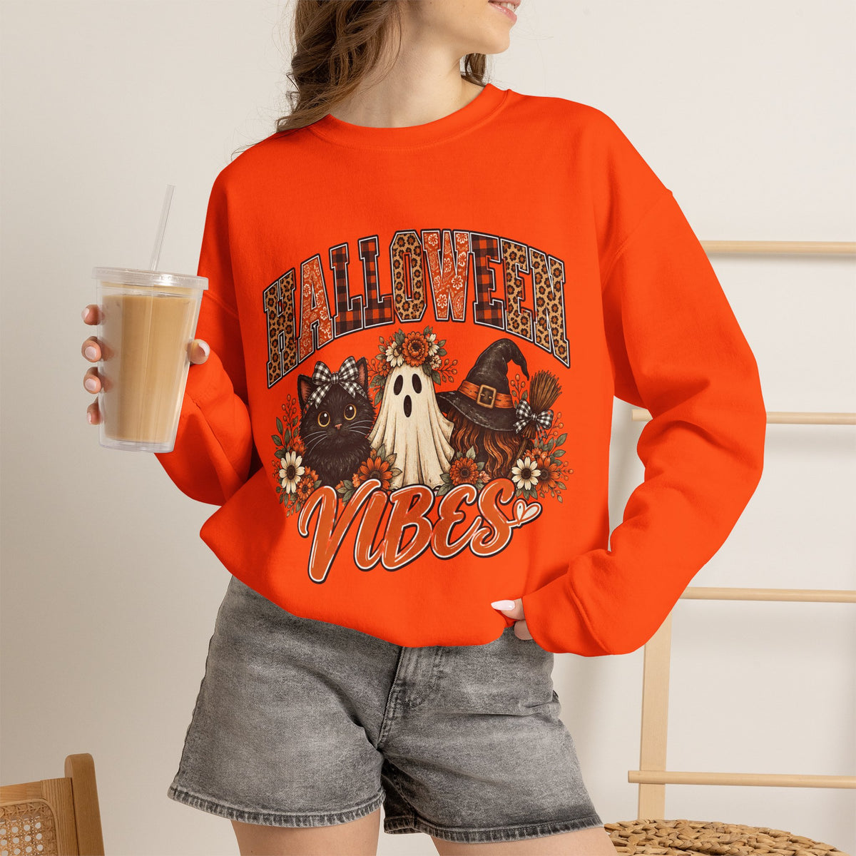 Halloween Vibes Sweatshirt — Cute Ghost & Black Cat Fall Crewneck