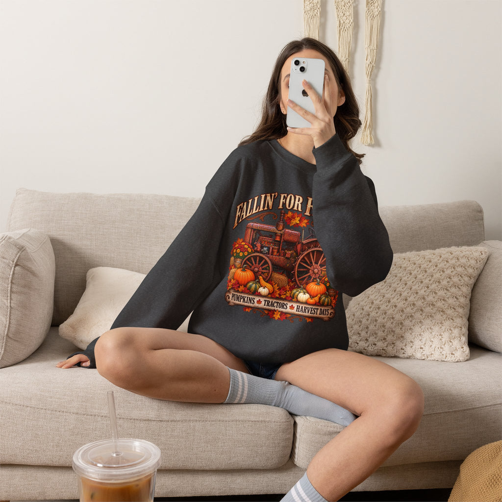 Fallin' for Farm Life Crewneck | Vintage Tractor, Pumpkins, Harvest