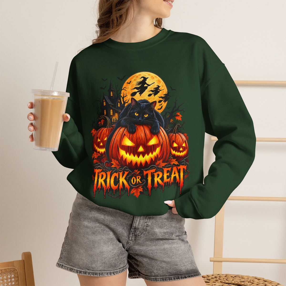 Trick or Treat Pumpkin Cat Sweatshirt | Halloween Jack-O'-Lantern Crewneck