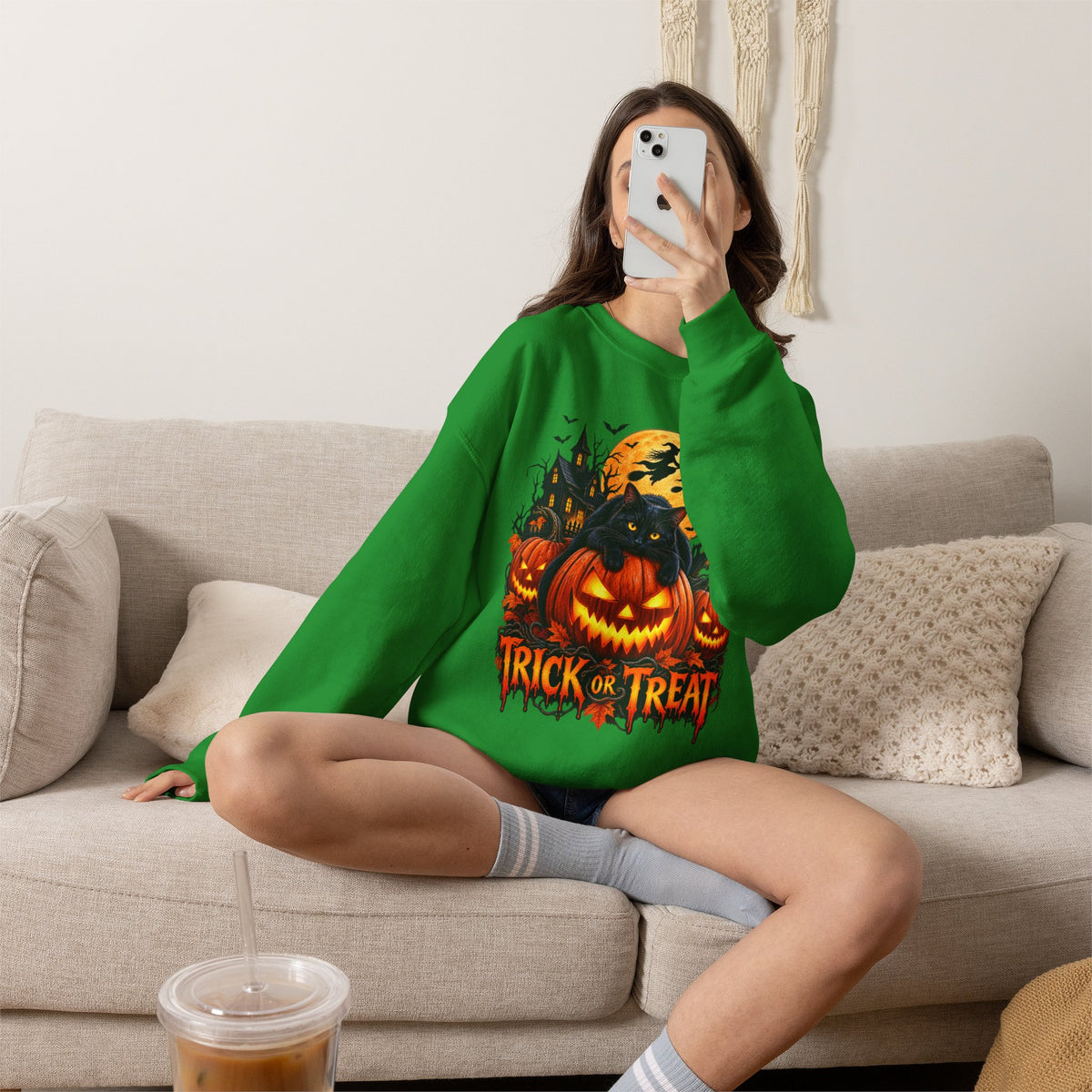 Trick or Treat Pumpkin Cat Sweatshirt | Halloween Jack-O'-Lantern Crewneck