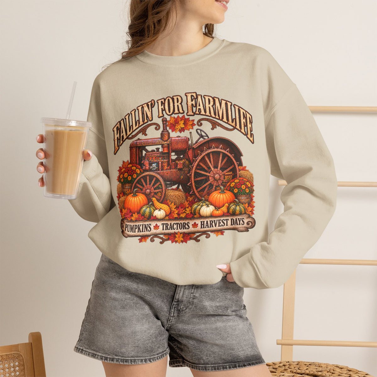 Fallin' for Farm Life Crewneck | Vintage Tractor, Pumpkins, Harvest