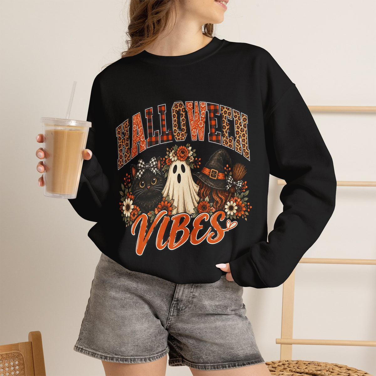 Halloween Vibes Sweatshirt — Cute Ghost & Black Cat Fall Crewneck