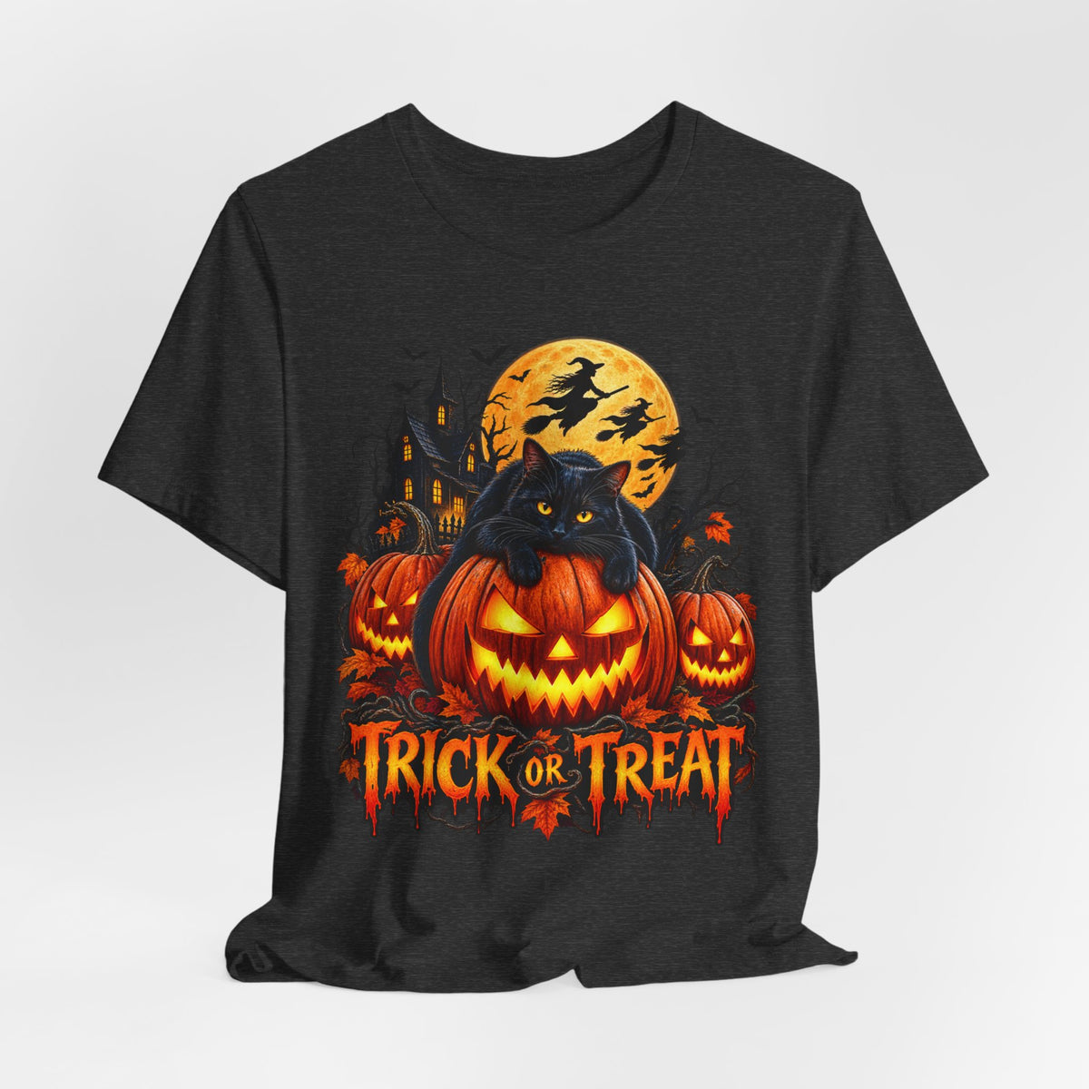 Trick or Treat Jack-O'-Lanterns Pumpkin Cat T-Shirt | Halloween Tee, Spooky Haunted Moon