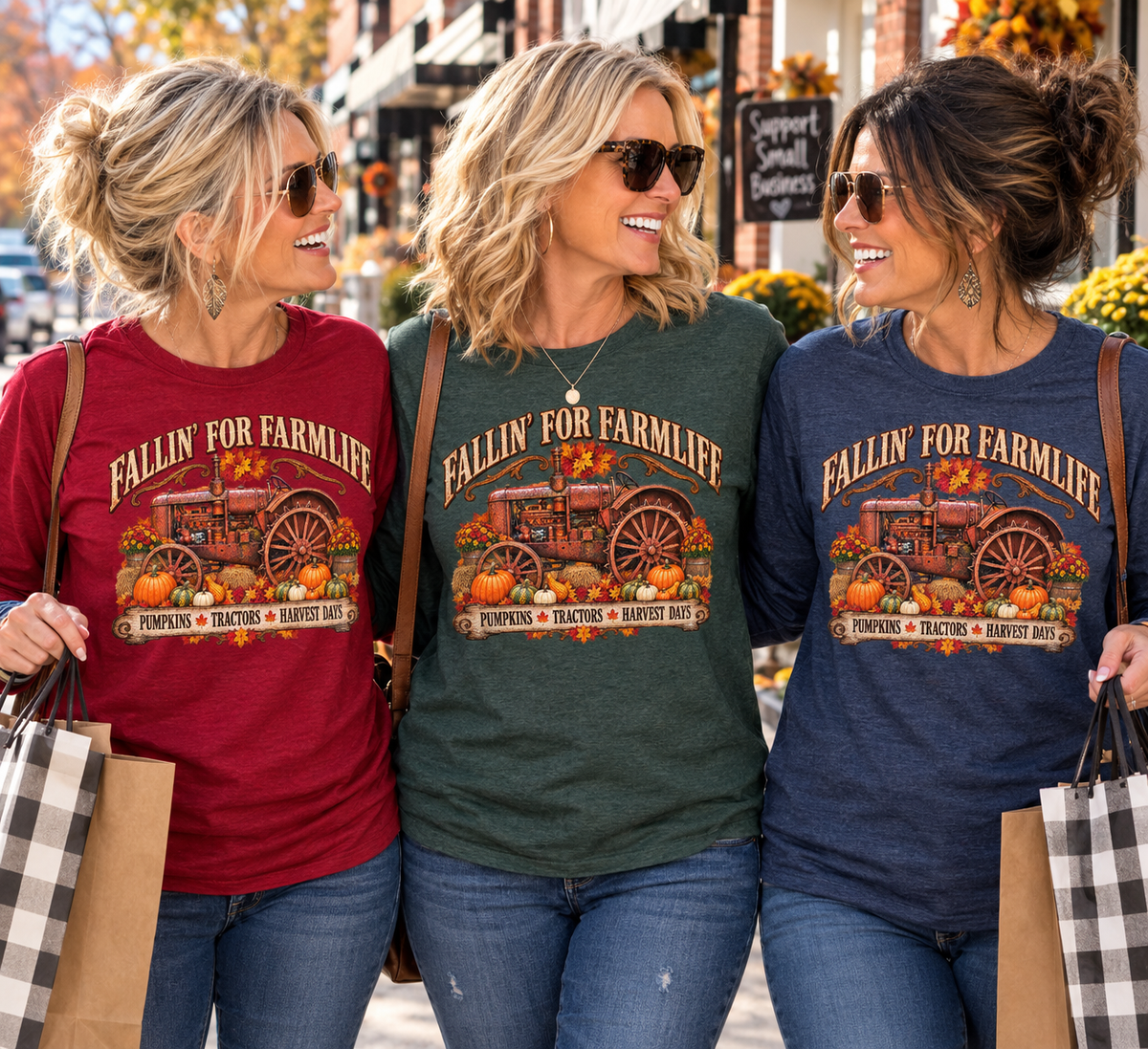 Fallin' for Farm Life Long Sleeve Tee — Pumpkin, Tractor & Harvest Days Design